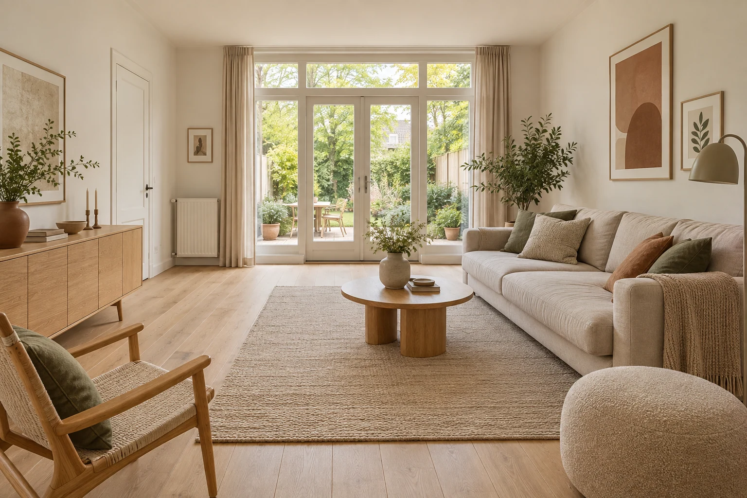 Concept van een warm ingerichte woonkamer met natuurlijke materialen.